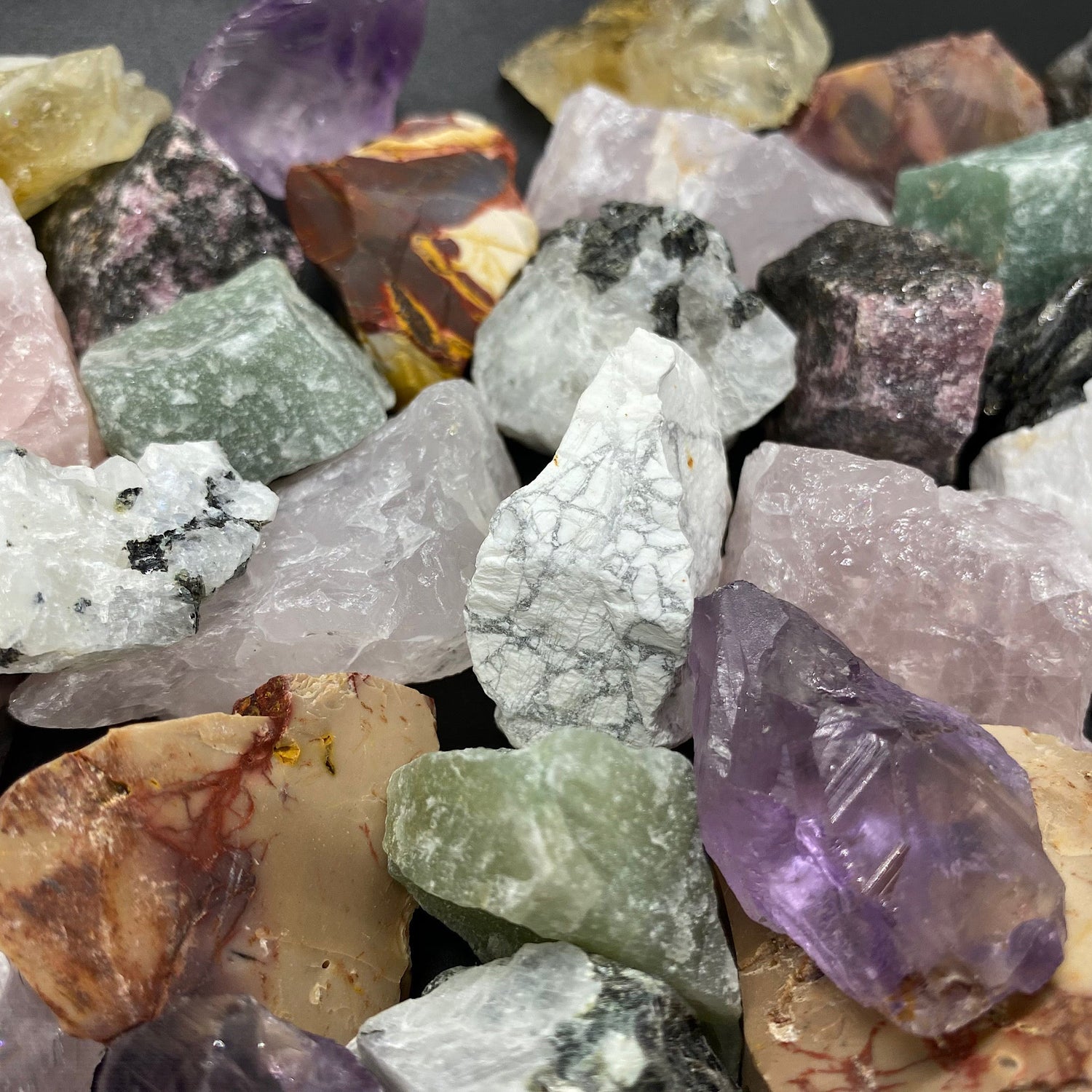 Close up of various rough crystals together